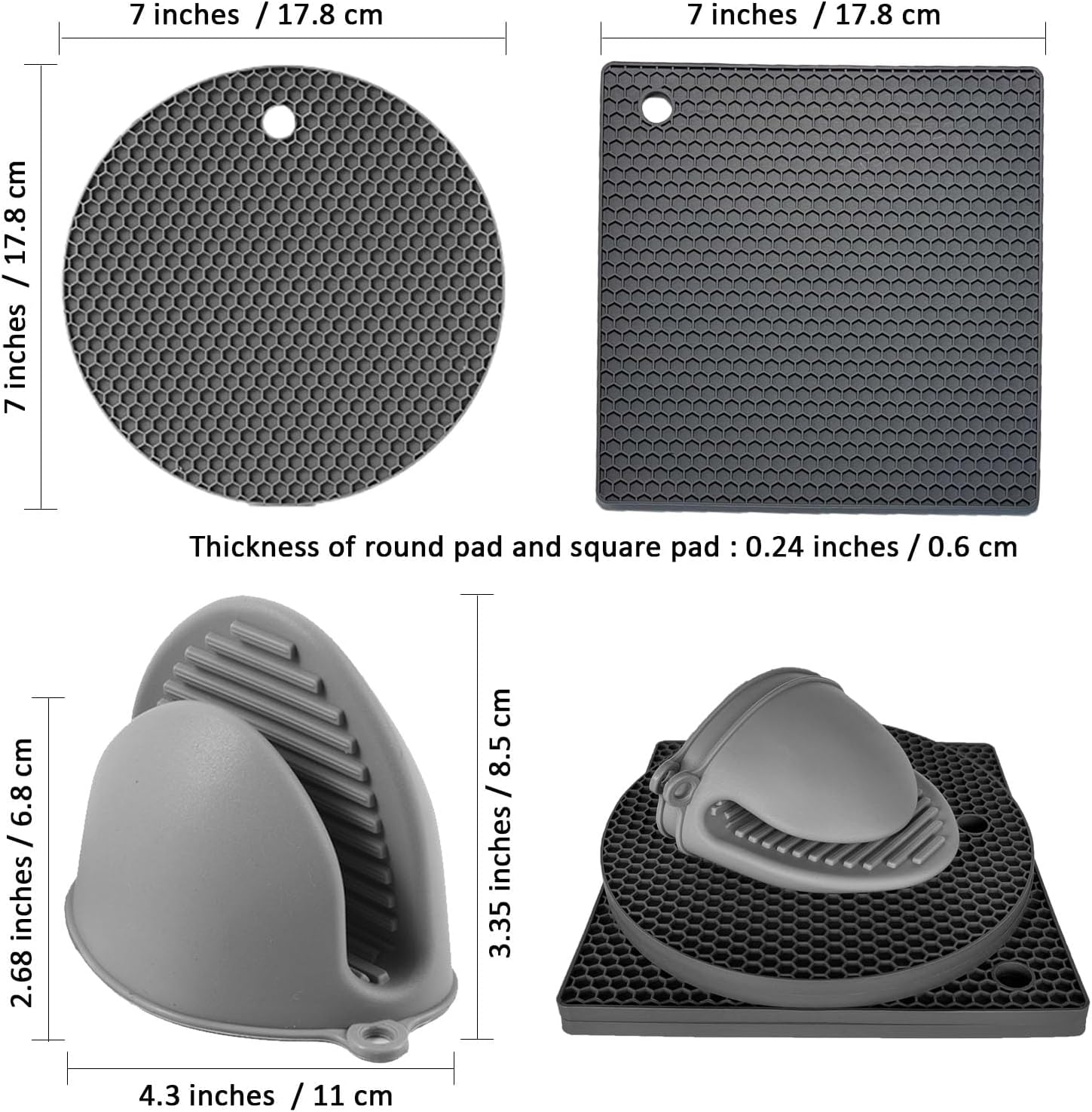 6PCS Silicone Oven Mitts &amp; Pot Holders Set Heat Resistant Non-Slip Trivets Dishwasher Safe 2 Each Grey