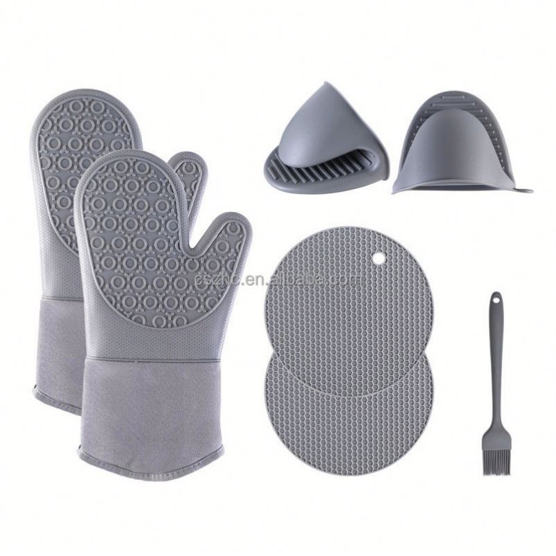 Heat Resistant 7-Piece Eco-Friendly Grey Silicone Oven Mitts Mini Pinch Mitts Trivet Mats Basting Brush Baking &amp; Cooking Tools