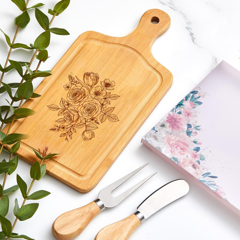 Bamboo Rectangle Mini Chopping Board Set with Wood Handles Cheese Knife Set Gift for Weddings &amp; Birthdays Includes Cheese Board