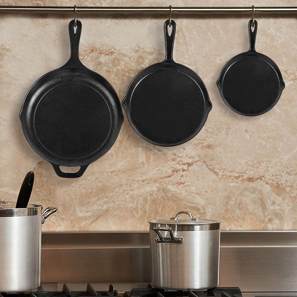 Heavy Duty Pre-Seasoned Cast Iron Skillet Set 3-Piece Versatile Frying Pans for Indoor &amp; Outdoor Cooking