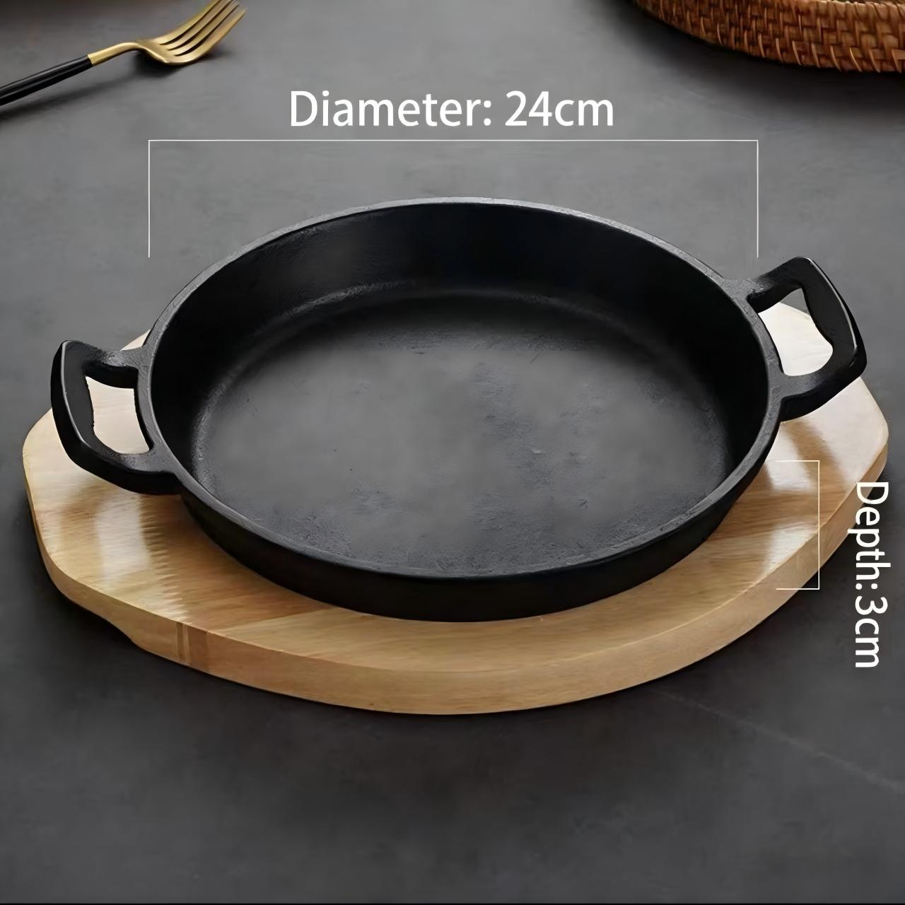 Custom Round Cast Iron Sizzling Plate with Wooden Base Double Handle Serving Pan Non-stick Steak Fajita Skillet for Restaurant