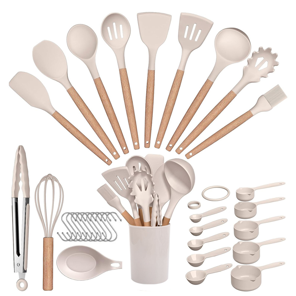 Custom 33 Pcs Kitchen Accessories Mixing Spatula Non Stick Cookware Set Silicone Kitchen Utensils Set With Wooden Handle