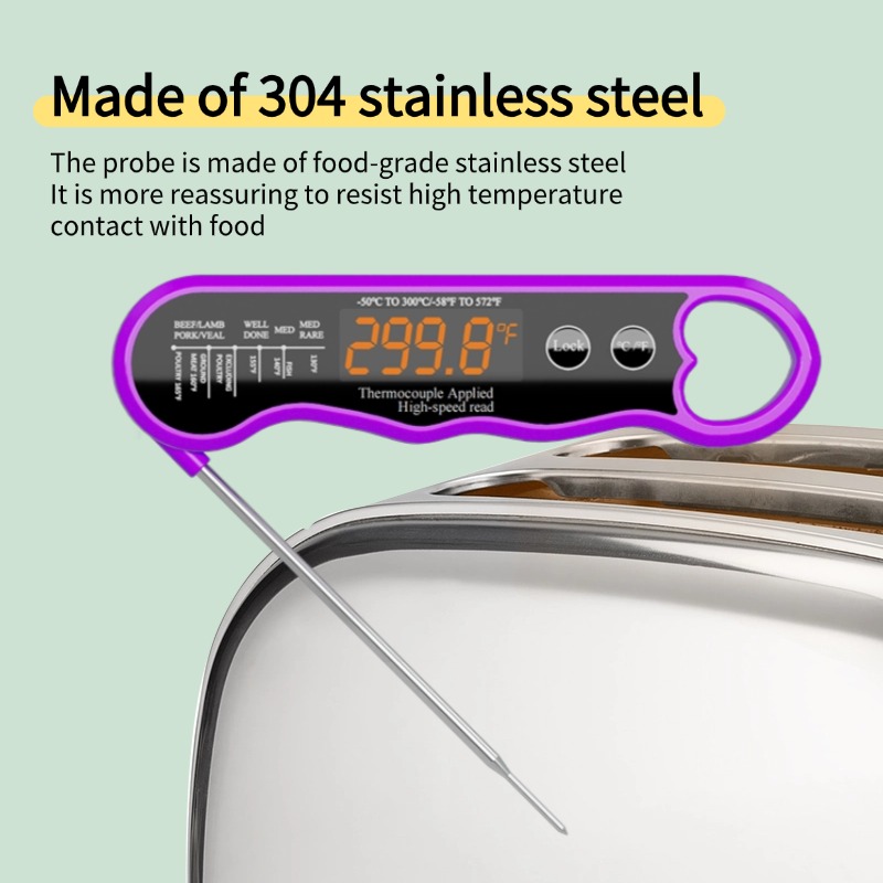 0.6s Ultra-fast Rechargeable Digital Meat Thermometer with 304ss Probe Foldable Waterproof LED Screen Display Food BBQ Grill Use