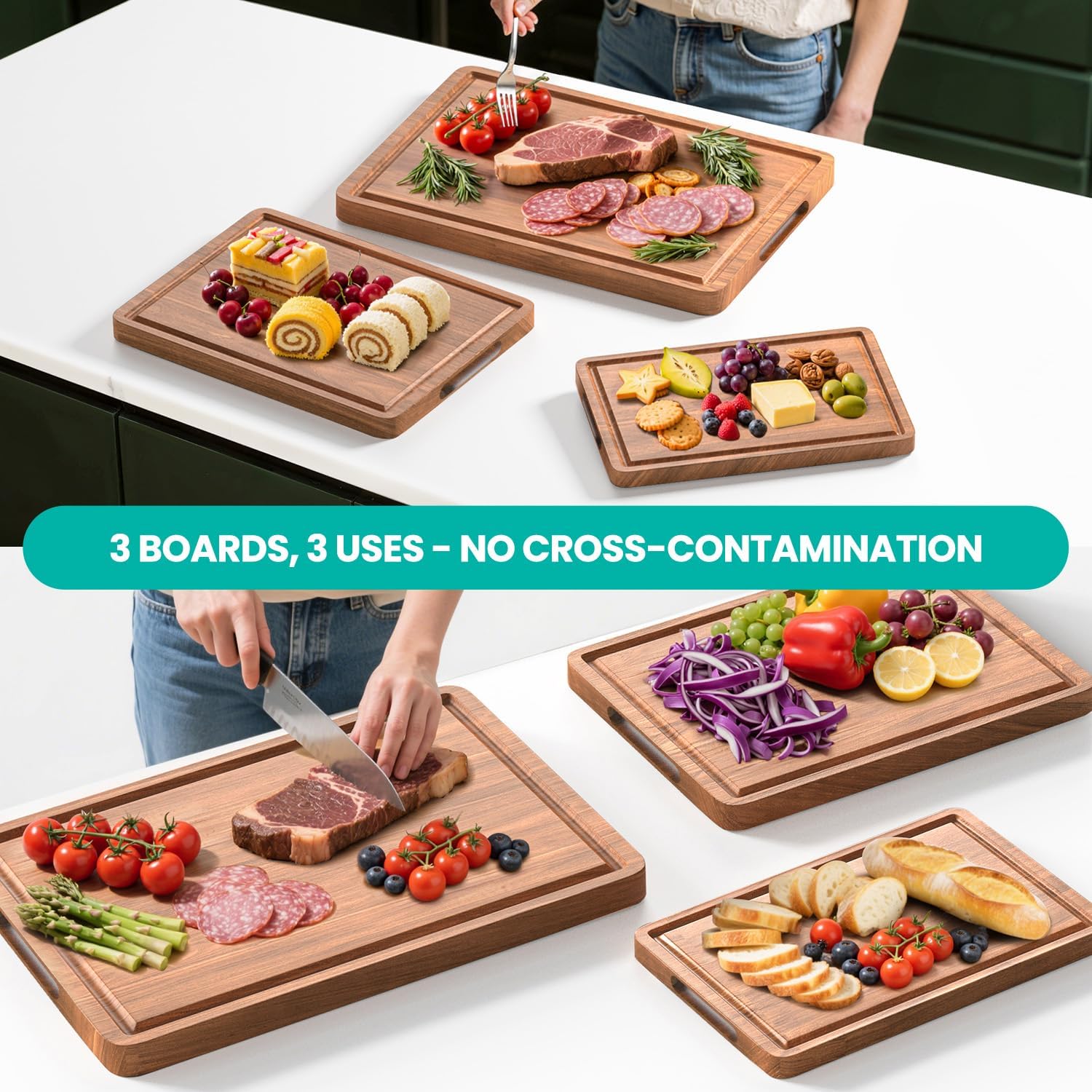 Acacia Wood Cutting Board Set With Juice Compartment And Handle Suitable For Kitchen's Set Of Durable Boards