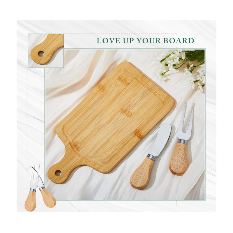 Bamboo Rectangle Mini Chopping Board Set with Wood Handles Cheese Knife Set Gift for Weddings &amp; Birthdays Includes Cheese Board