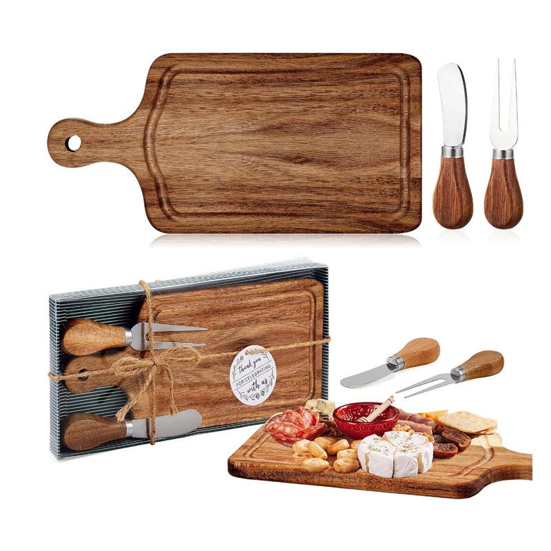 Bamboo Rectangle Mini Chopping Board Set with Wood Handles Cheese Knife Set Gift for Weddings &amp; Birthdays Includes Cheese Board