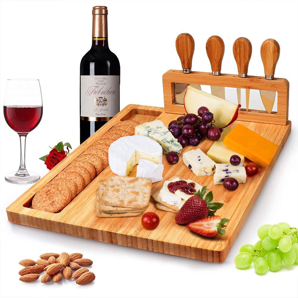 Bamboo Cheese Board Set with 4 Pcs Knife Charcuterie Serving Cutting Board for Home Kitchen Wedding Gift Wholesale FSC