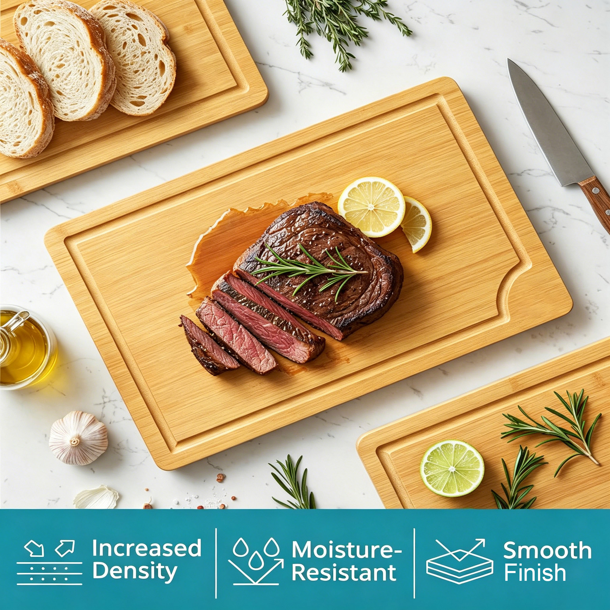 Thick Bamboo Cutting Board Set of 3 Large Wood Chopping Board with Juice Groove Double Sided Reversible Organic Kitchen Board
