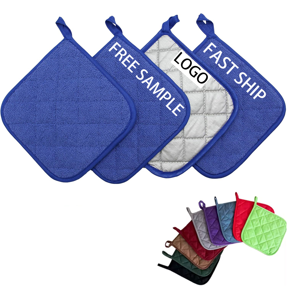 Custom Logo Oven Mitts Heat Resistant Dishwasher Safe Cotton+Polyester Pot Holders &amp; Trivet for Cooking Baking BBQ Hangable