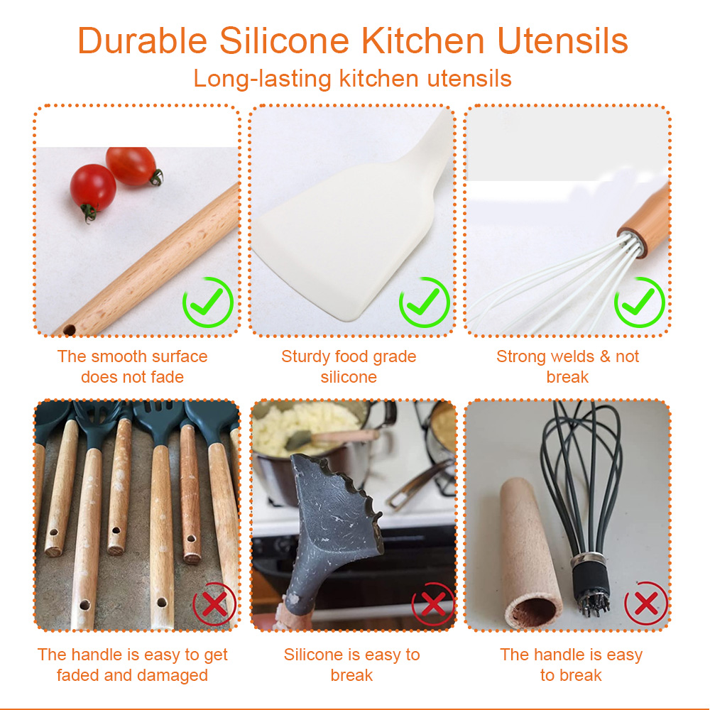 Custom 33 Pcs Kitchen Accessories Mixing Spatula Non Stick Cookware Set Silicone Kitchen Utensils Set With Wooden Handle