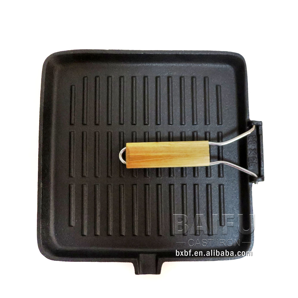 Non-stick Enameled Pre Seasoned Cast Iron Grill Pan with Foldable Wooden Handle BBQ Frying Pan Cast Iron Skillet Outdoor Camping