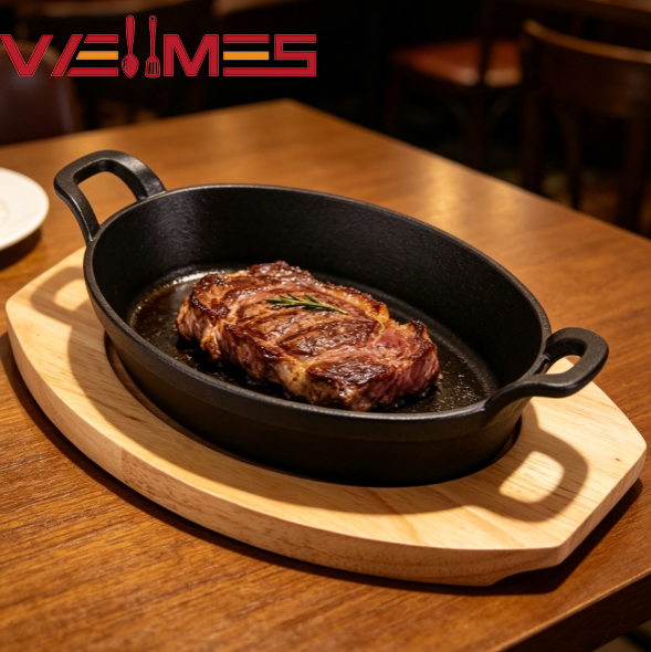 Pre-Seasoned Non-Stick Oval Cast Iron Sizzler Plate Dual Handle Steak Skillet for Restaurant &amp; Home Cooking
