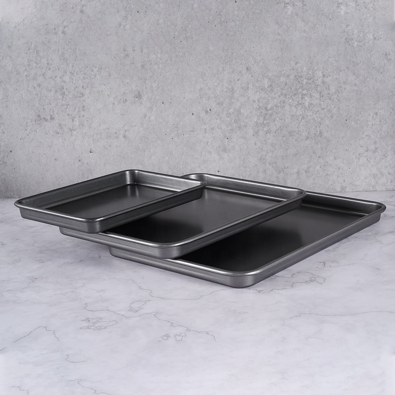 Set of 3 Rectangle Tray Baking Sheet Xynflon Nonstick Bakeware Dark Gray Steel Cookie Pan