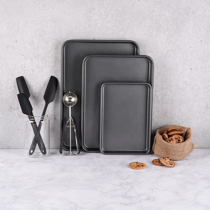 Set of 3 Rectangle Tray Baking Sheet Xynflon Nonstick Bakeware Dark Gray Steel Cookie Pan