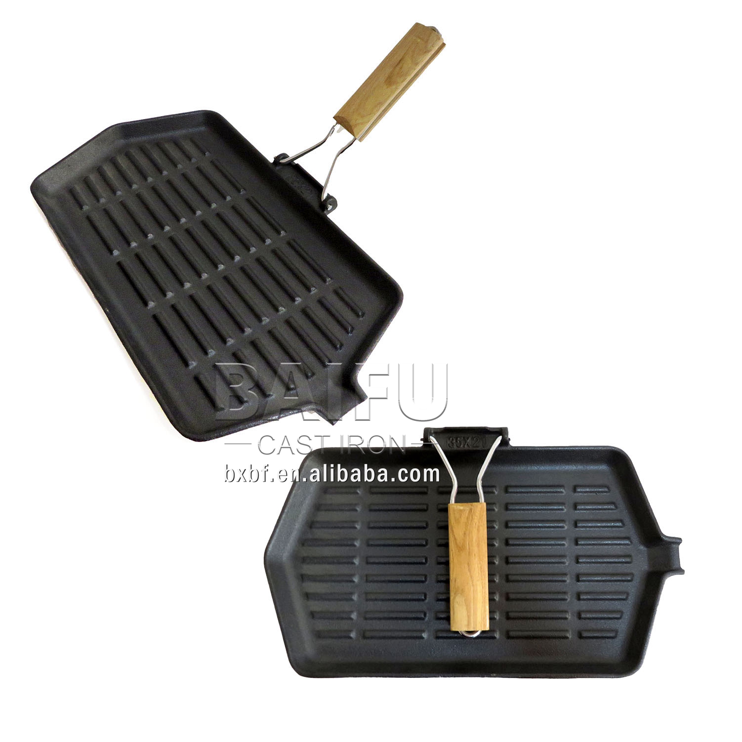Non-stick Enameled Pre Seasoned Cast Iron Grill Pan with Foldable Wooden Handle BBQ Frying Pan Cast Iron Skillet Outdoor Camping