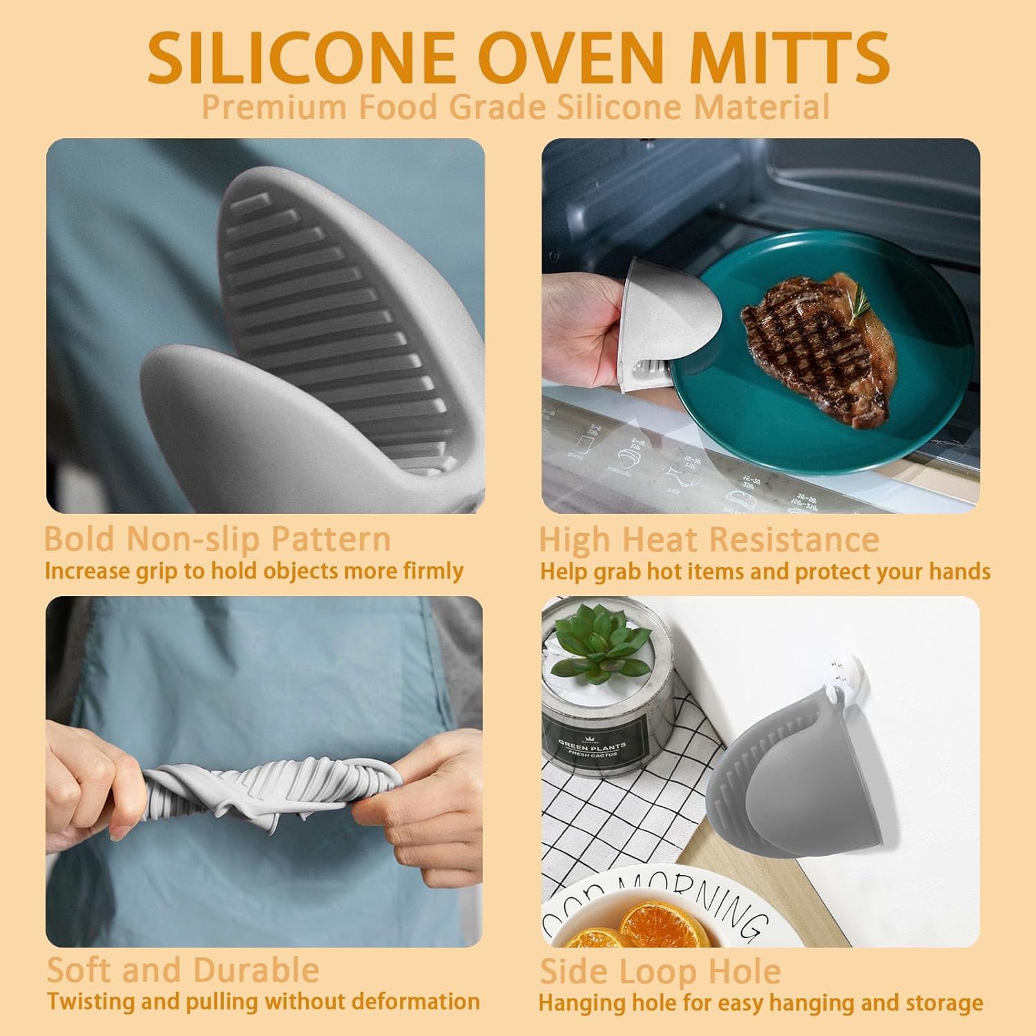 6PCS Silicone Oven Mitts &amp; Pot Holders Set Heat Resistant Non-Slip Trivets Dishwasher Safe 2 Each Grey