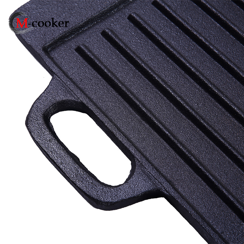 Outdoor Camping Cast Iron Pre-Seasoned Handle Flat BBQ Grill 43*23cm Frying Baking Roasting Griddle Skillet Pans for Cooking