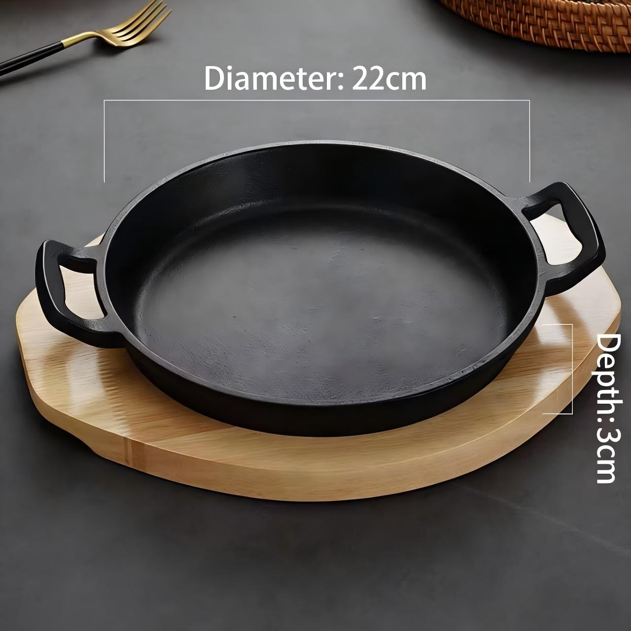 Custom Round Cast Iron Sizzling Plate with Wooden Base Double Handle Serving Pan Non-stick Steak Fajita Skillet for Restaurant