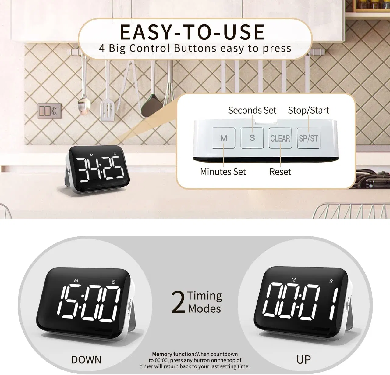 Large LCD Display Digital Kitchen Magnetic Countdown Timer
