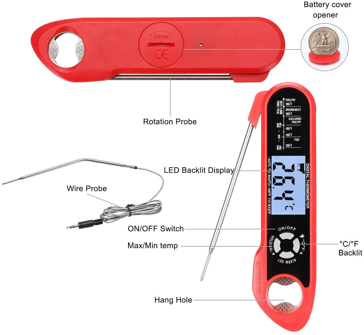 Meat Thermometer , Oven Safe 2 in 1 Dual Probe Digital Food Thermometer with Alarm Backlight for Kitchen Cooking Grill
