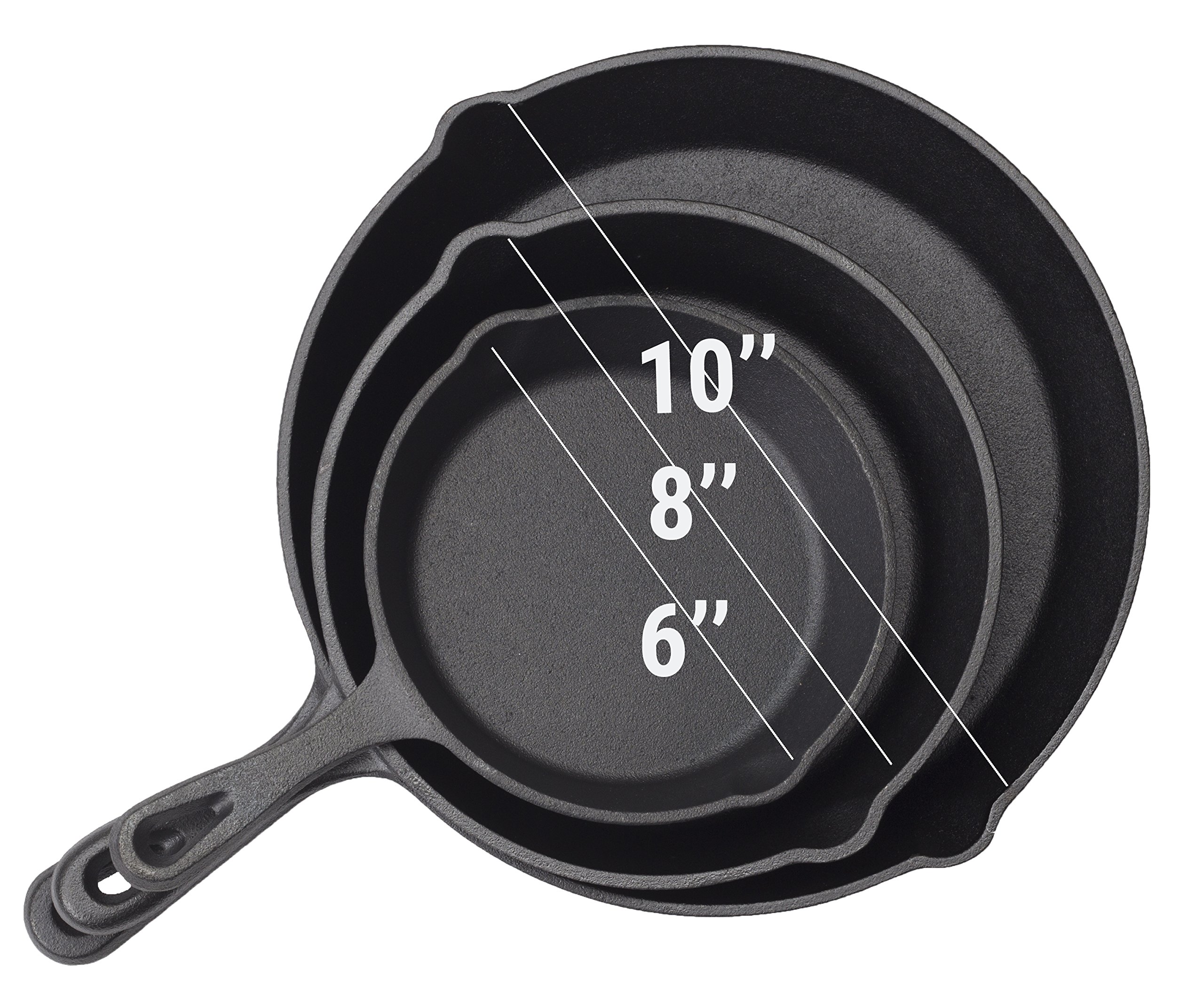 Non-Stick Pre-Seasoned 6/8/10 Inch Cast Iron Skillet Set with Safe Handles for Healthy Family Meals