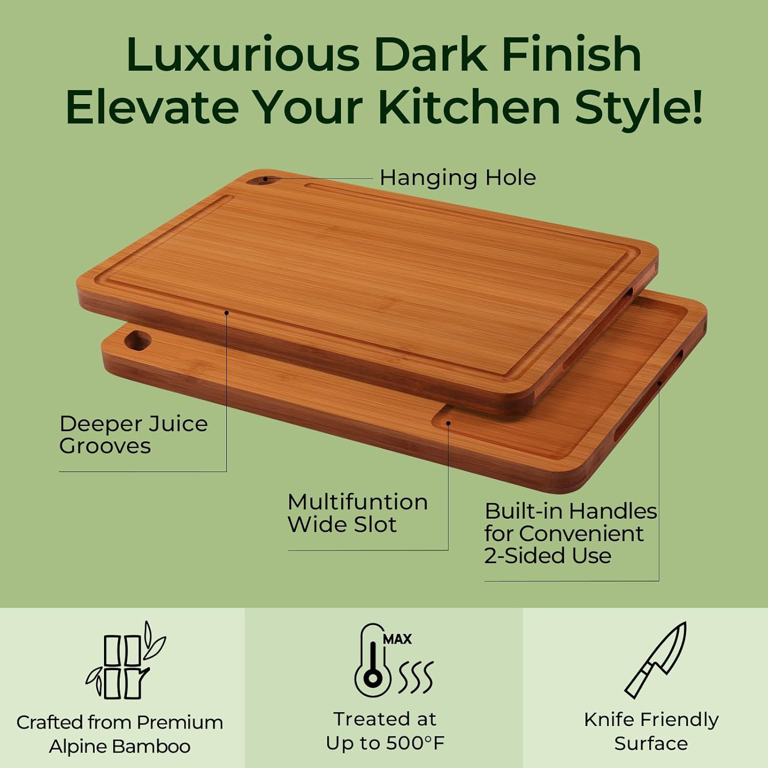 Bamboo Cutting Board Durable Wood Boards Kitchen Deep Juice Grooves Built-in Handles Charcuterie Chopping Meat 1.5cm Thick