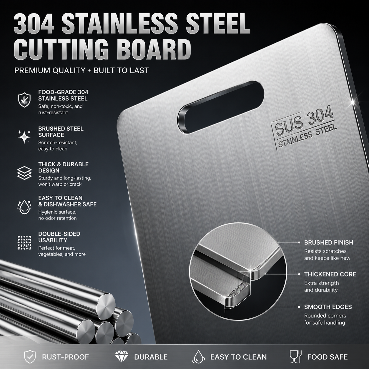 Food Grade 304 Stainless Steel Chopping Board Professional Metal Kitchen Cutting Board,Anti-bacterial Mold-proof Dishwasher Safe