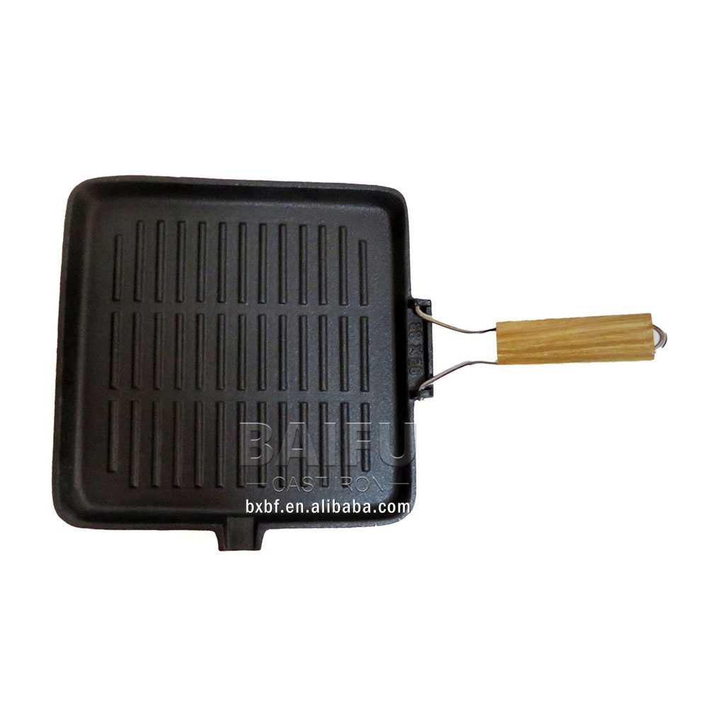 Non-stick Enameled Pre Seasoned Cast Iron Grill Pan with Foldable Wooden Handle BBQ Frying Pan Cast Iron Skillet Outdoor Camping