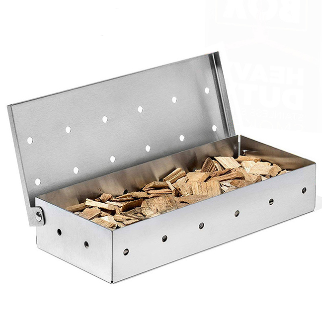 Universal Fit Hinged Lid Stainless Steel Heat Resistant Non-Stick Gas Grill Meat Infuser Smoker Box for Wood Chips Chunks