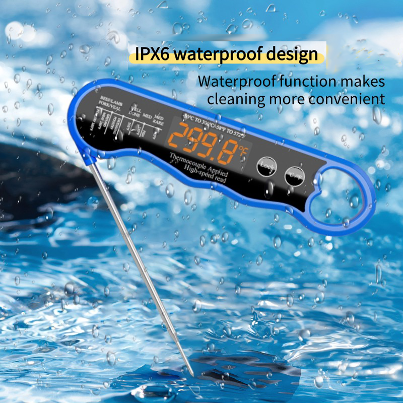 0.6s Ultra-fast Rechargeable Digital Meat Thermometer with 304ss Probe Foldable Waterproof LED Screen Display Food BBQ Grill Use