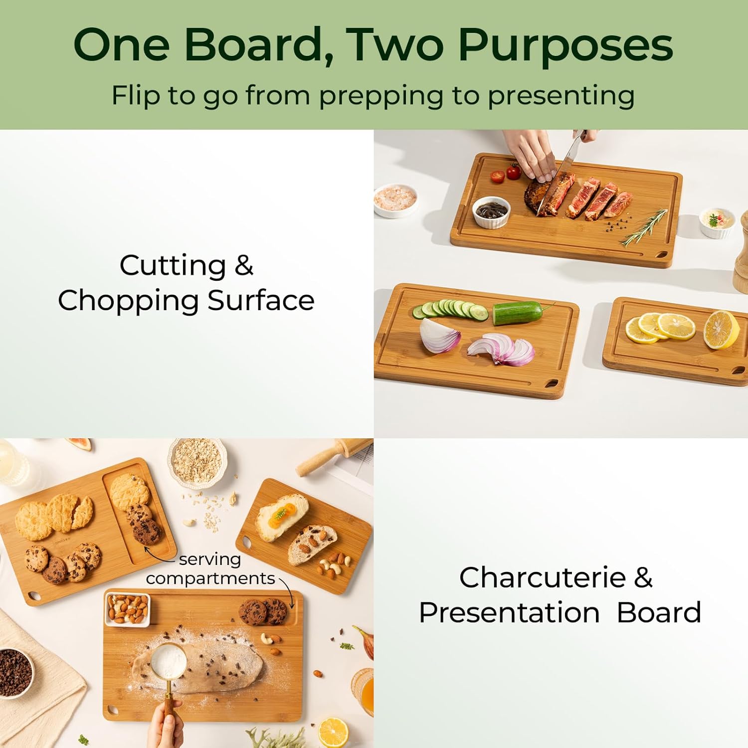 Bamboo Cutting Board Durable Wood Boards Kitchen Deep Juice Grooves Built-in Handles Charcuterie Chopping Meat 1.5cm Thick