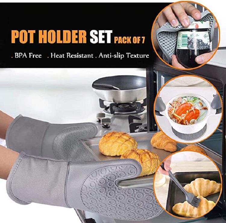 Heat Resistant 7PCS Set Silicone Oven Mitts Mini Pinch Mitts Hot Pads Potholders Trivet Mats Basting Brush for Baking Cooking