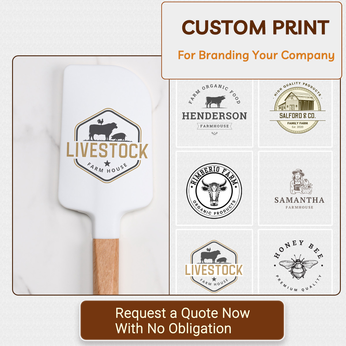 Oem logo Custom Screen Printing Engraved Baking Silicone Spatulas with Wooden Handle