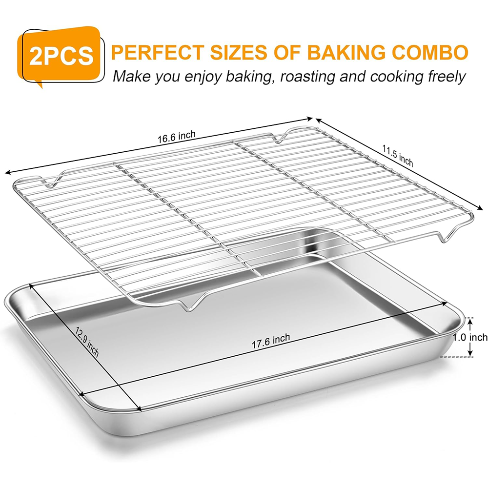 Cookie Sheets for Baking Cooking Tray with Wire Cooling Rack Stainless Steel Bakeware Bacon Pans for Toaster, Dishwasher Safe