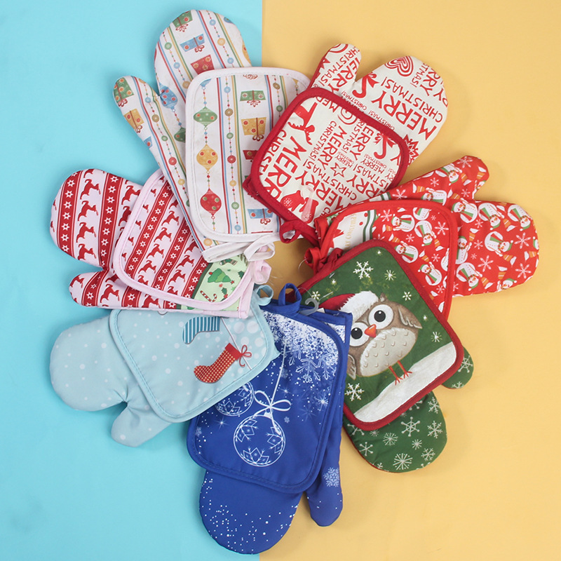 WML053 Custom Printed New Christmas Kitchenware 2-Piece Set Heat Resistant Gloves Table Trivets Kitchen Baking Oven Mitts