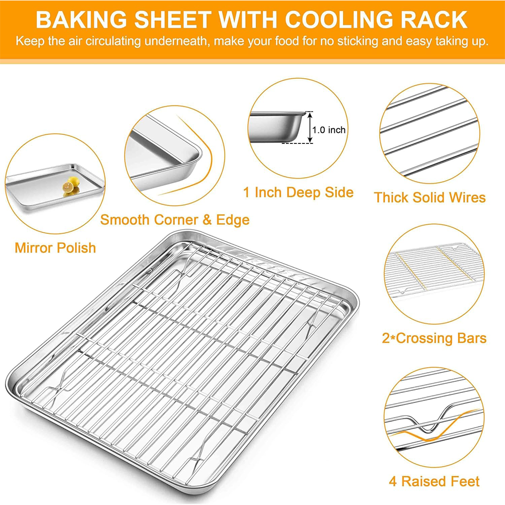 Cookie Sheets for Baking Cooking Tray with Wire Cooling Rack Stainless Steel Bakeware Bacon Pans for Toaster, Dishwasher Safe