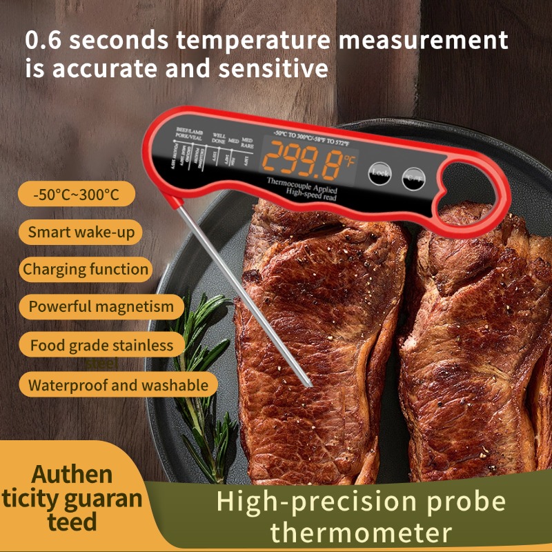 0.6s Ultra-fast Rechargeable Digital Meat Thermometer with 304ss Probe Foldable Waterproof LED Screen Display Food BBQ Grill Use