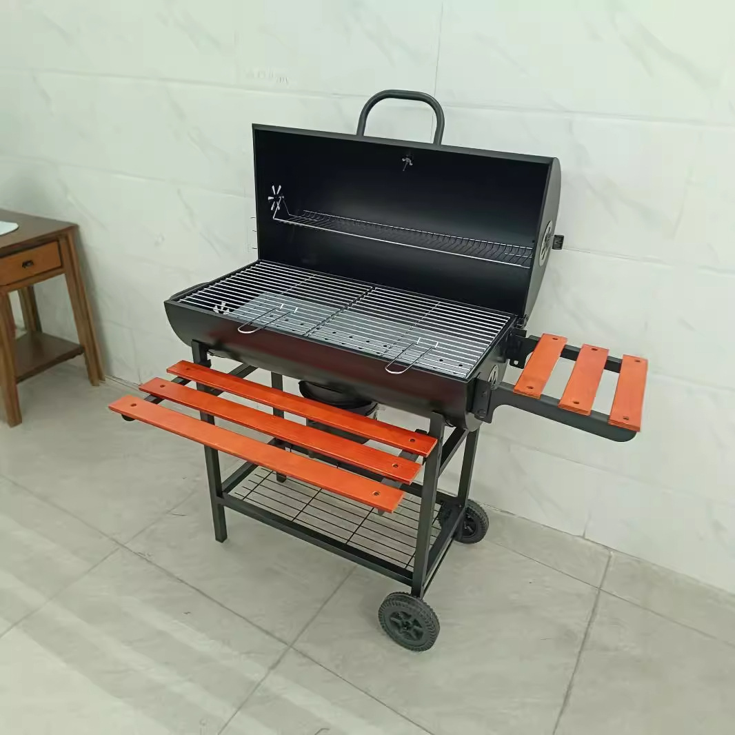 155-inch Iron Wood Powder Coated Frame Oil Drum Barbecue Grill Large-Sized Outdoor Irregular Style Smoker Multi-Functional