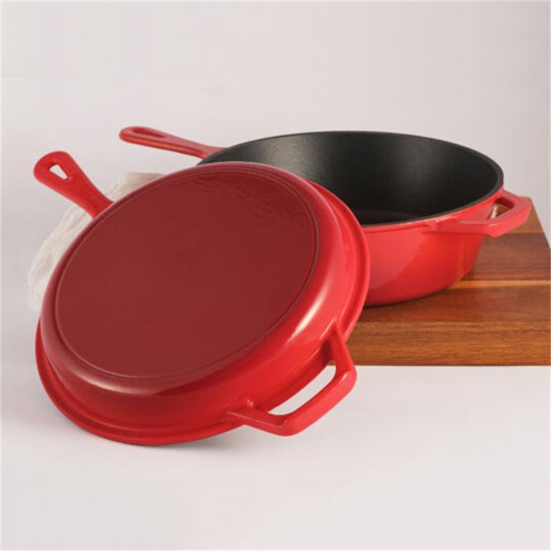 Red Classic Design Cast Iron Dutch Oven Skillet 2-in-1 Combo Cooker with Enamel Coating for Soup Stock Pots Gas Induction Ready