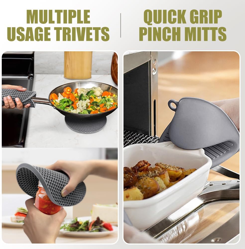 Silicone Oven Gloves Heat Resistant Trivet Mats and Cooking Oven Mitts Pot Holders Set for Kitchen