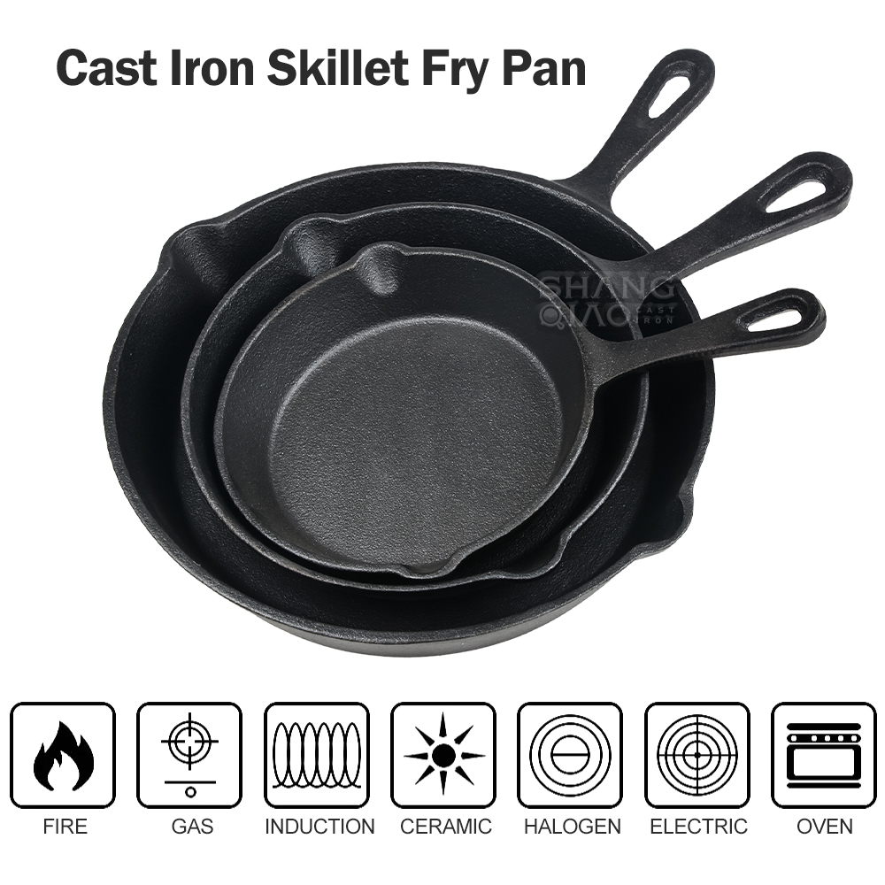 3 Pieces Pre-Seasoned Cast Iron Frying Pans Skillet Set for Home Kitchen Gas Induction Cooker Use