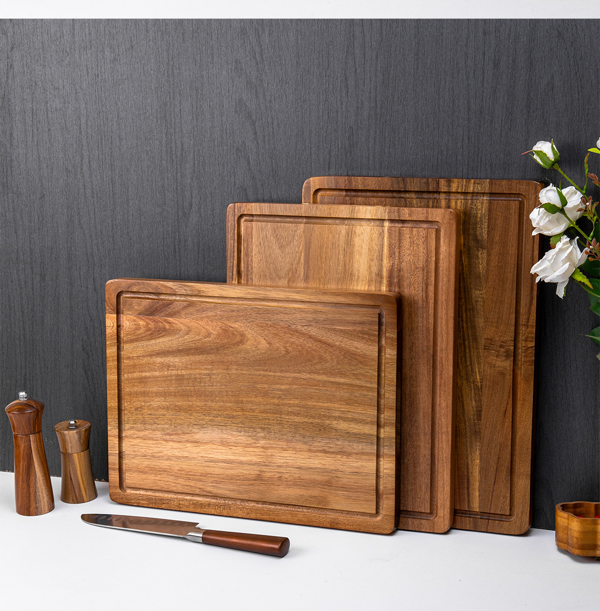 Acacia Wood Cutting Board Large Size with Juice Grooves for Kitchen Meal Prep Outdoor Food Serving Cheese Chopping