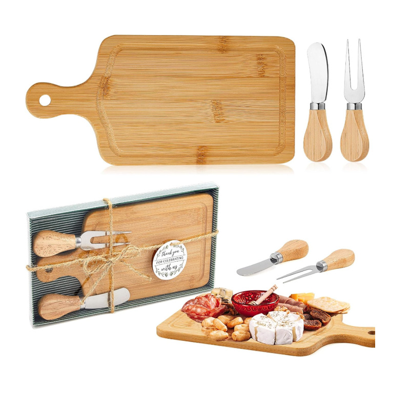Bamboo Rectangle Mini Chopping Board Set with Wood Handles Cheese Knife Set Gift for Weddings &amp; Birthdays Includes Cheese Board