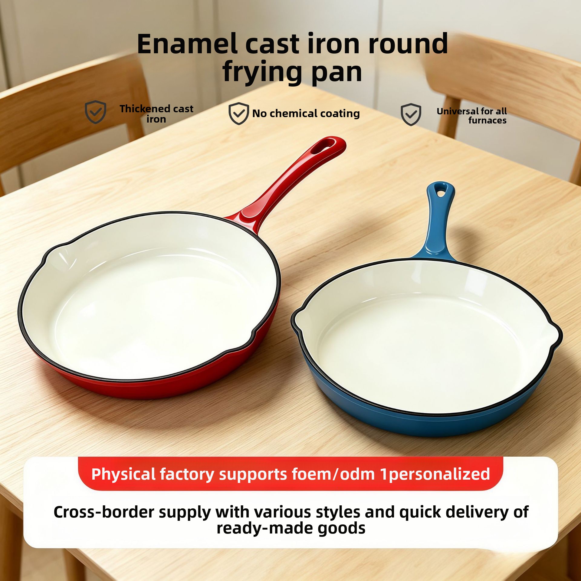 Round Enameled Cast Iron Frying Pan, Metal Kitchen Skillet Multi-use Cooking Cookware