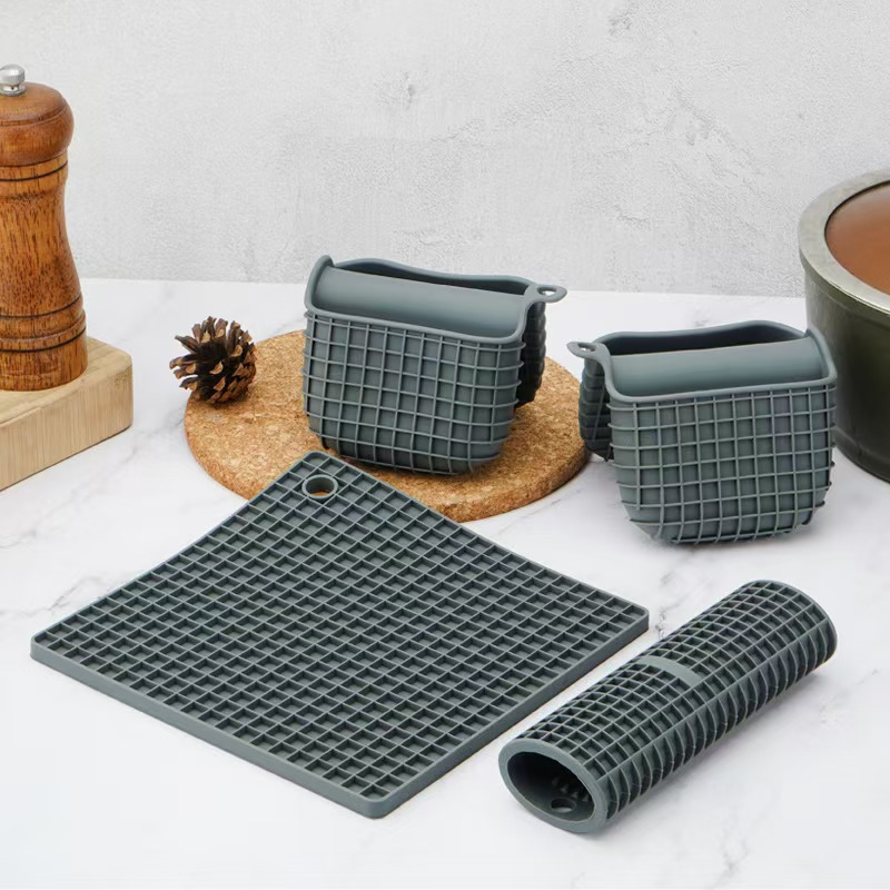 Silicone Oven Gloves with Non-Slip Heat Resistant Hot Trivet Mats and Cooking Pinch Mitts Pot Holders Set for Baking Cooking