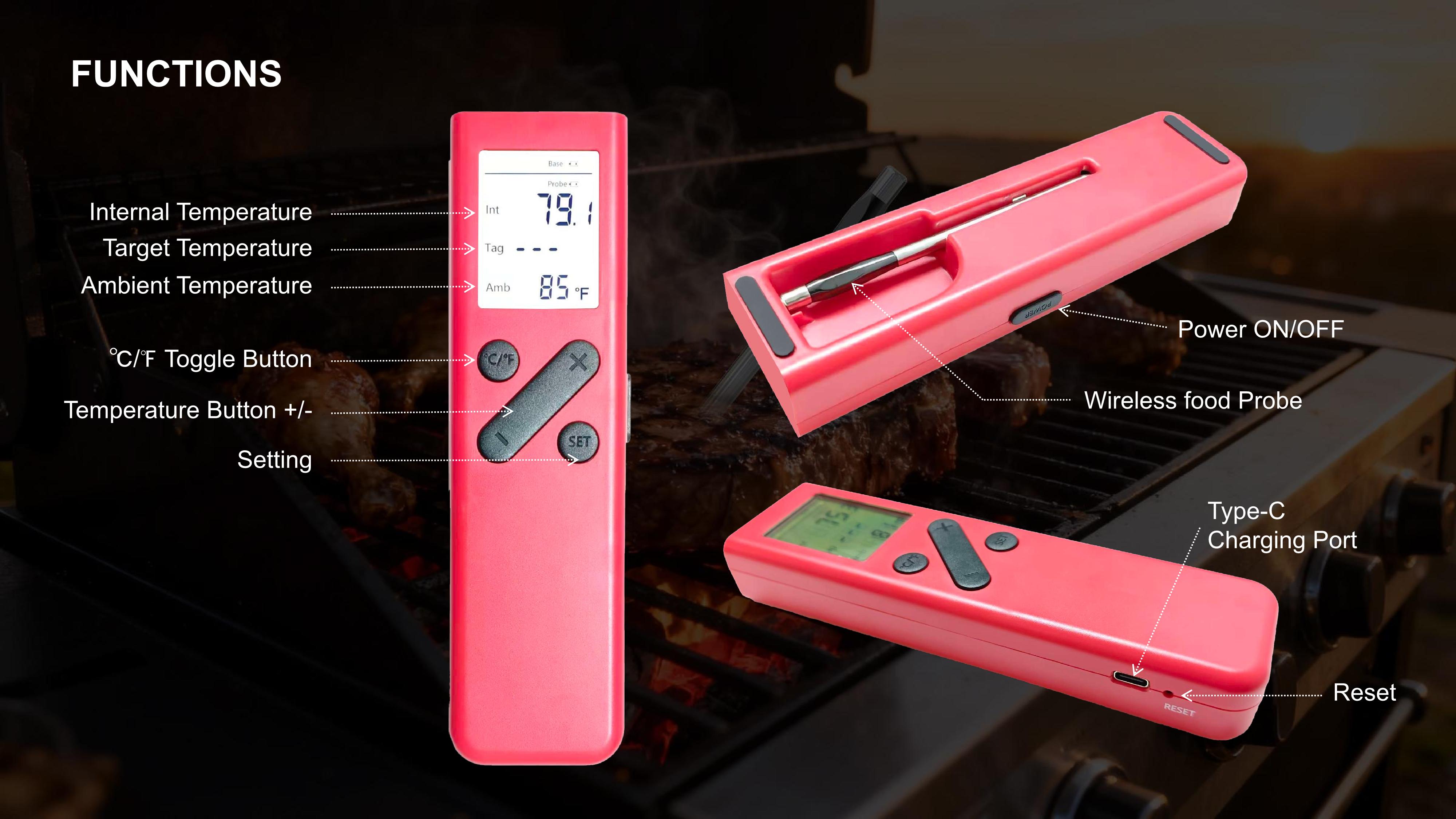 Household USB Rechargeable Digital Kitchen Food Temperature Tester Wireless Meat Barbecue Thermometer With Stainless Steel Probe