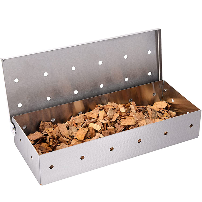 Universal Fit Hinged Lid Stainless Steel Heat Resistant Non-Stick Gas Grill Meat Infuser Smoker Box for Wood Chips Chunks