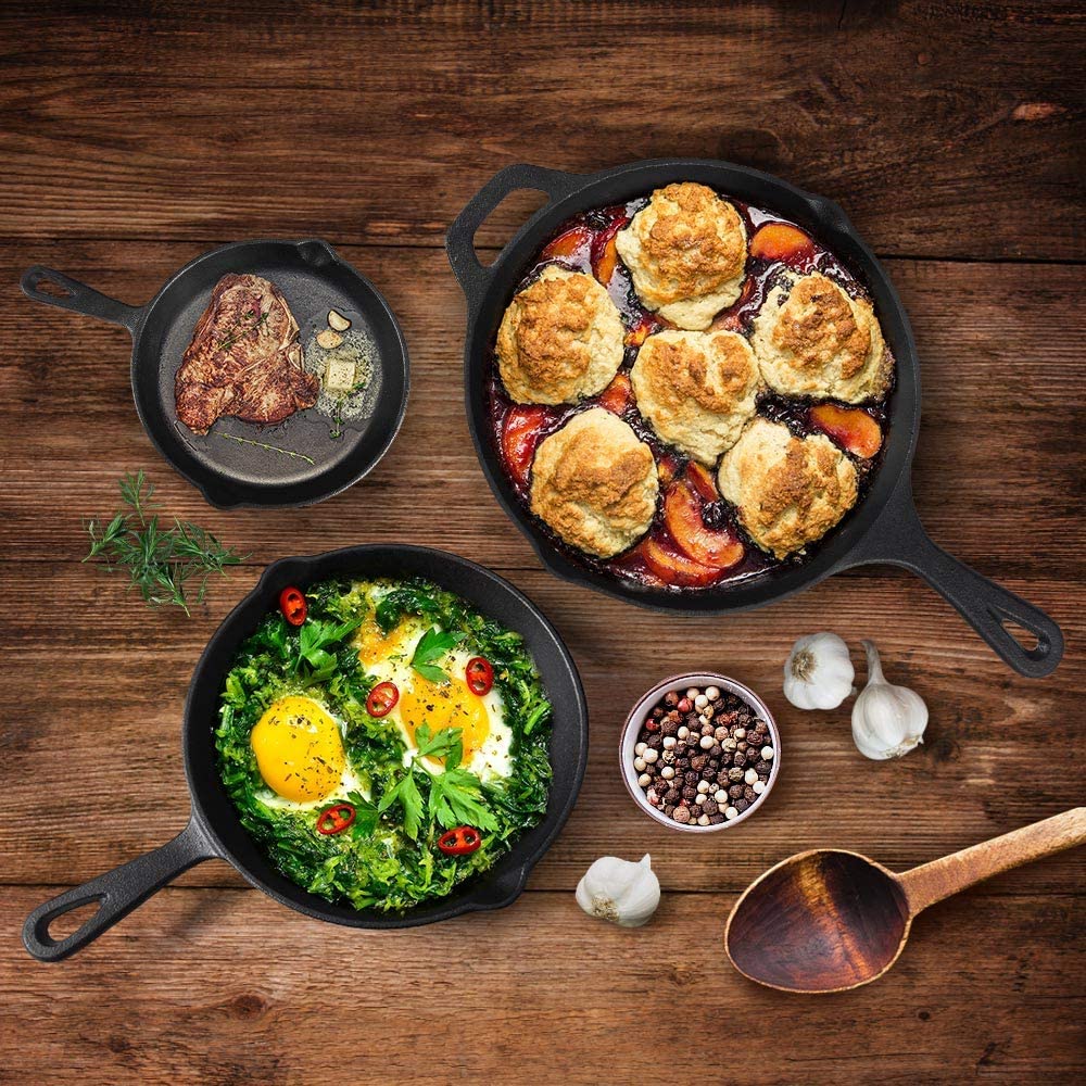 Heavy Duty Pre-Seasoned Cast Iron Skillet Set 3-Piece Versatile Frying Pans for Indoor &amp; Outdoor Cooking