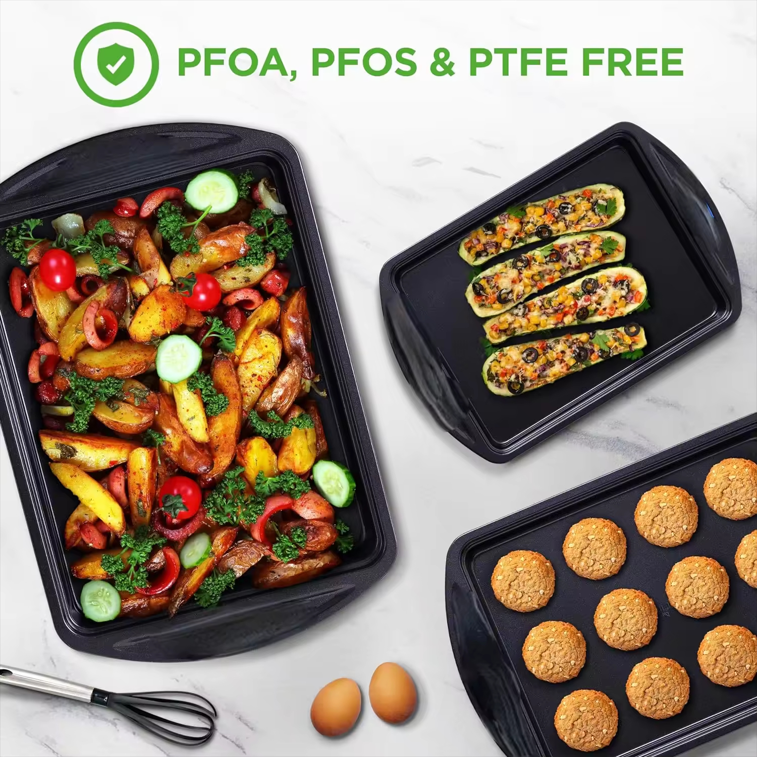 3-Piece Nonstick Baking Sheet Set, Carbon Steel Cookie Sheet Pans, Stackable Oven Safe Bakeware for Home Baking