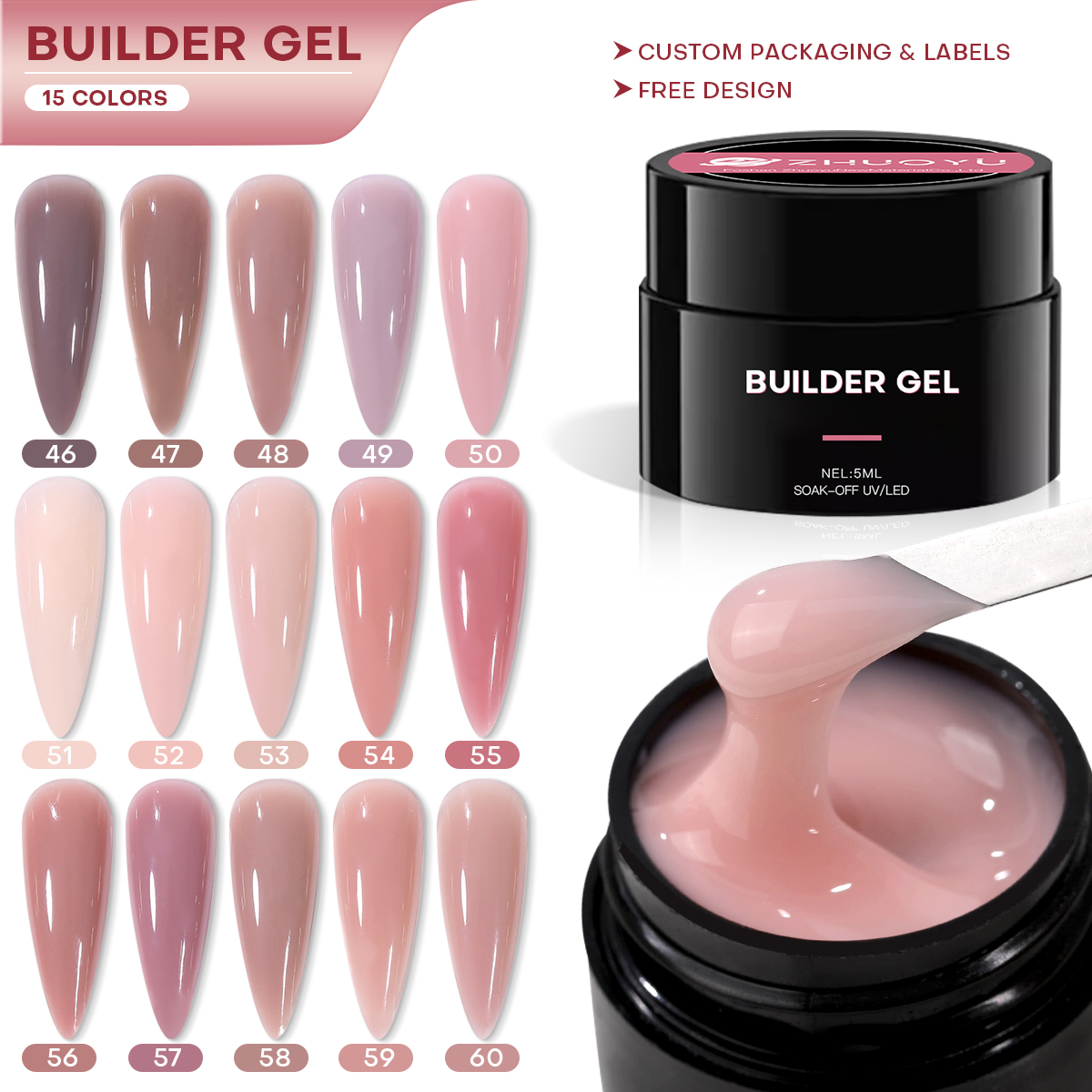 50g 300 Colors Own Brand UV Gel Polish Collection Extension Nail Gel Hema Free Nail Builder DIY